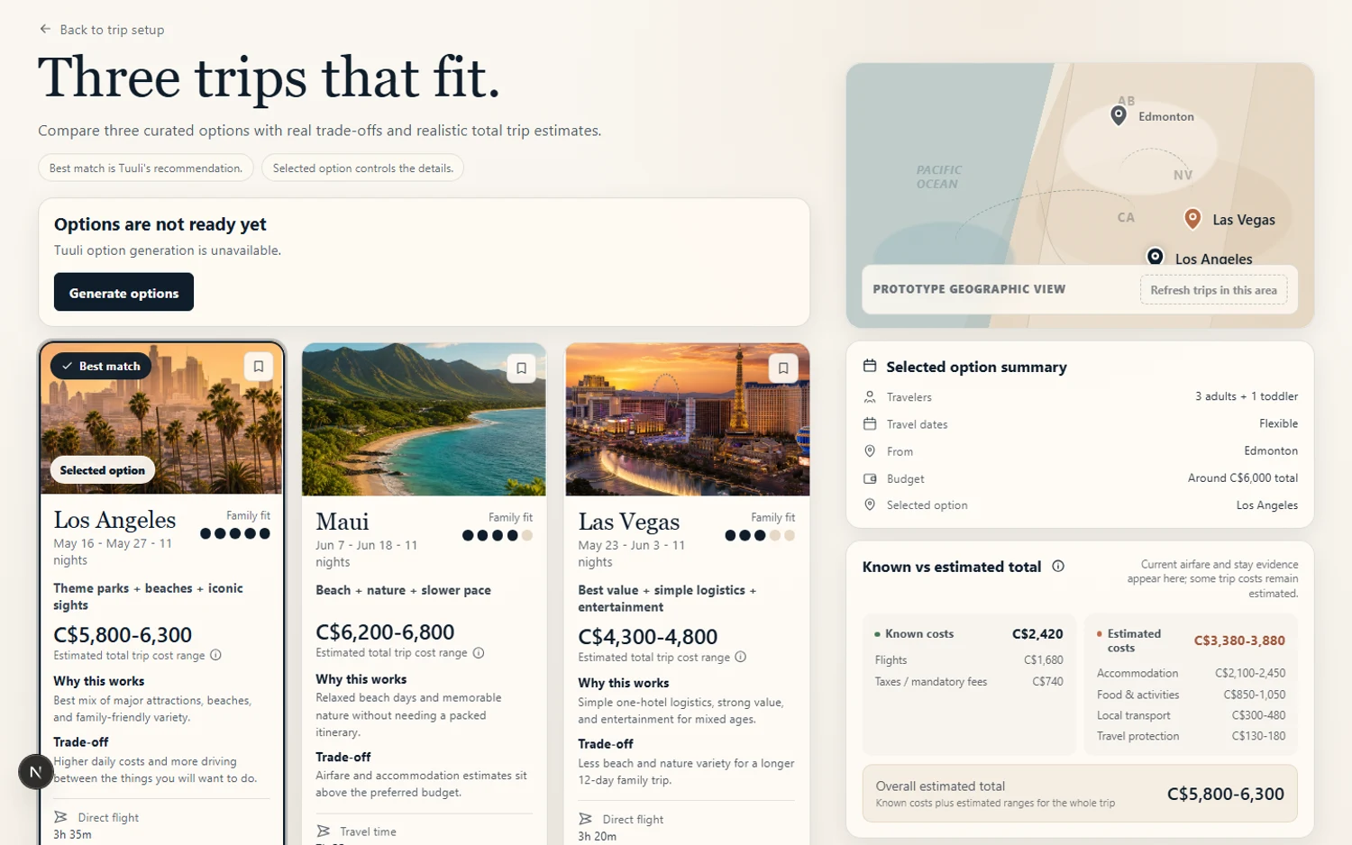 Tuuli trip options prototype showing destination choices, costs and travel context.